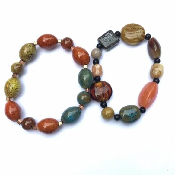 Multi Colored Speckled Ceramic & Foil Art Glass Bead Stretch Bracelets Orange - Picture 3 of 3